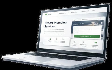 Laptop displaying Expert Plumbing Services website with service options and green action button