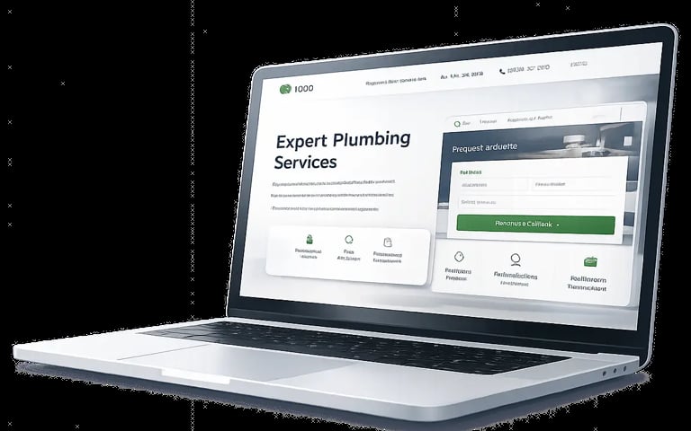 Laptop displaying Expert Plumbing Services website with service icons and project gallery interface