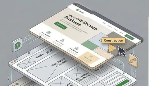 Stacked website and app design mockups showing business service interface with construction icon label